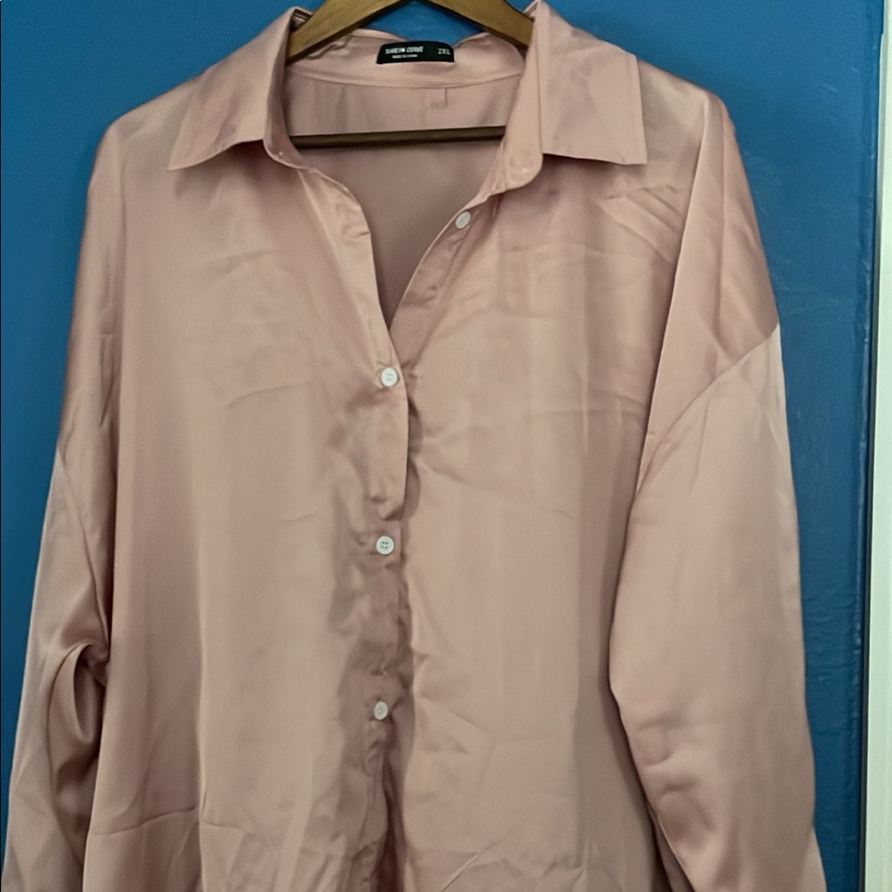 Shein pink button down satin shirt